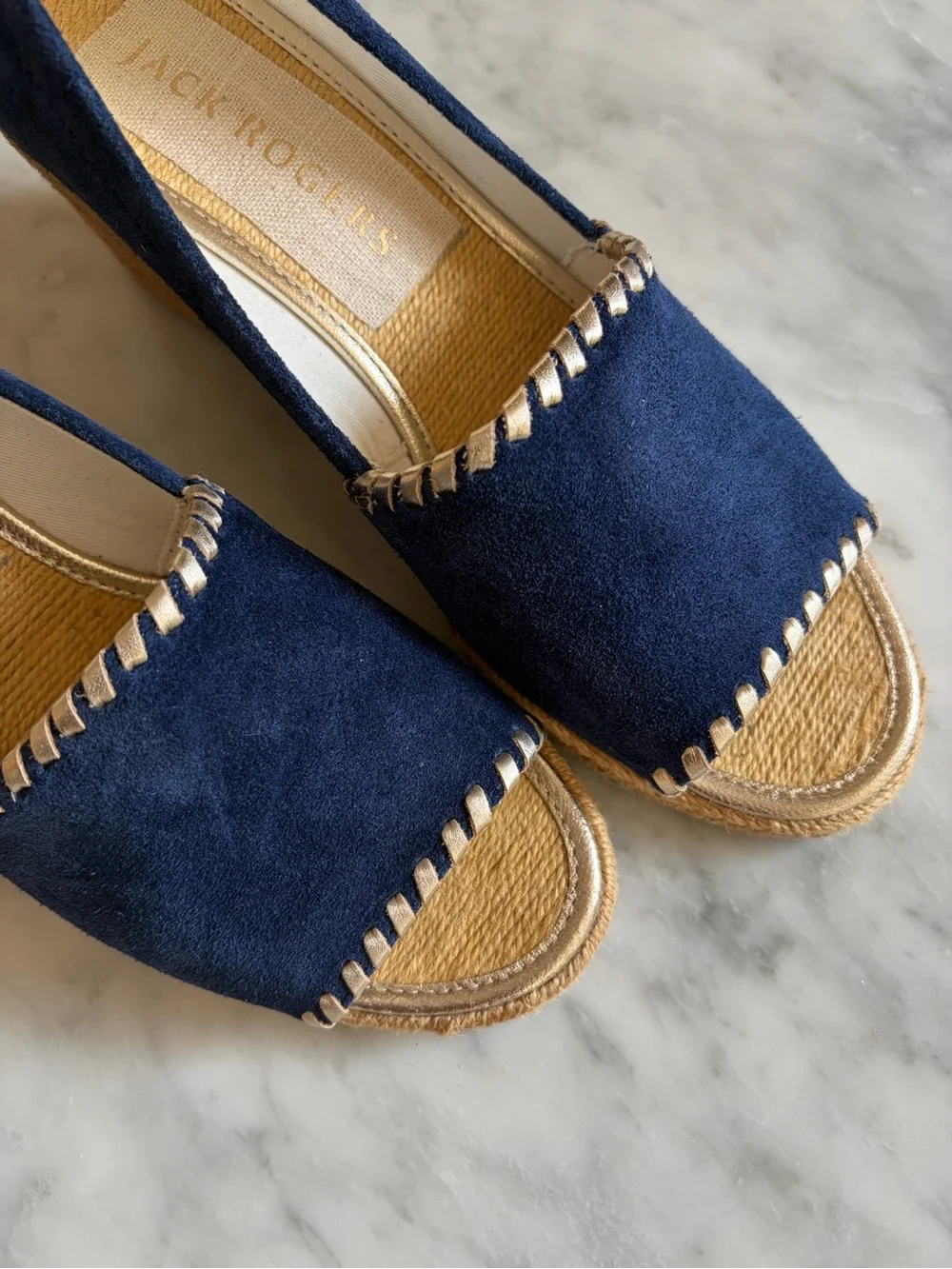 Jack Rogers Palmer Wedge Navy Suede Espadrille Open Toe, Womens 8 US, New
